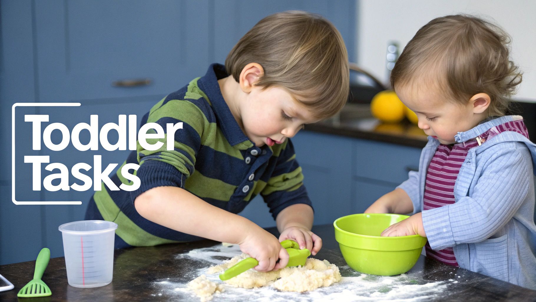 Two toddlers happily playing with dough and kitchen tools on a counter.