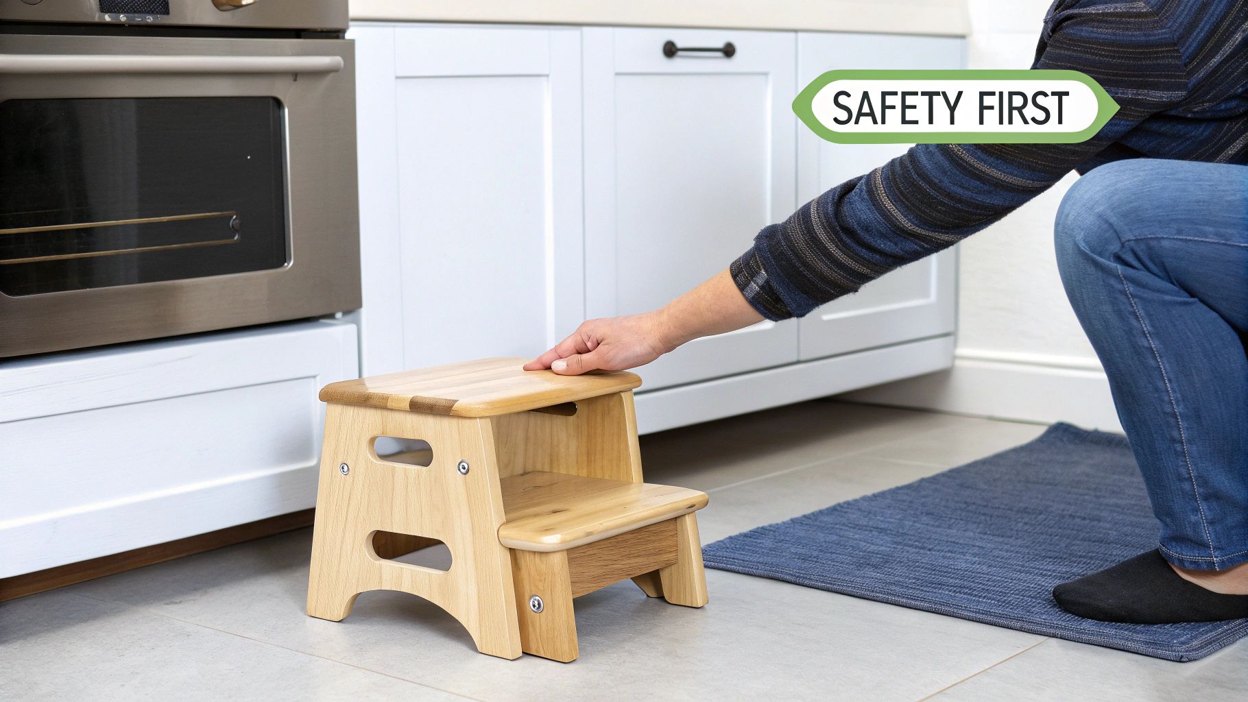 A person's hand rests on a natural wood two-step stool in a modern kitchen setting.