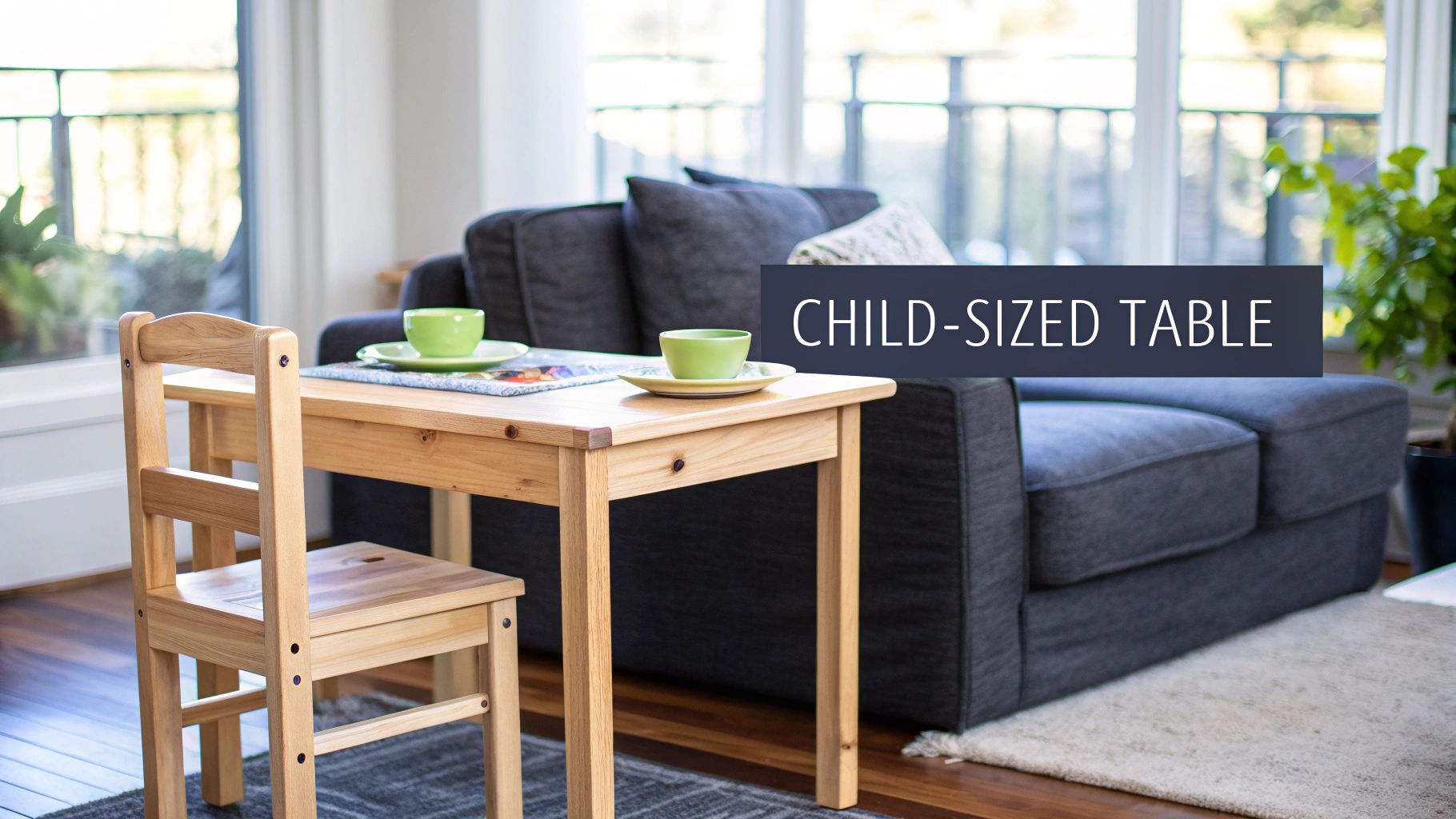 A child sitting at a small wooden Montessori weaning table, focused on their meal.