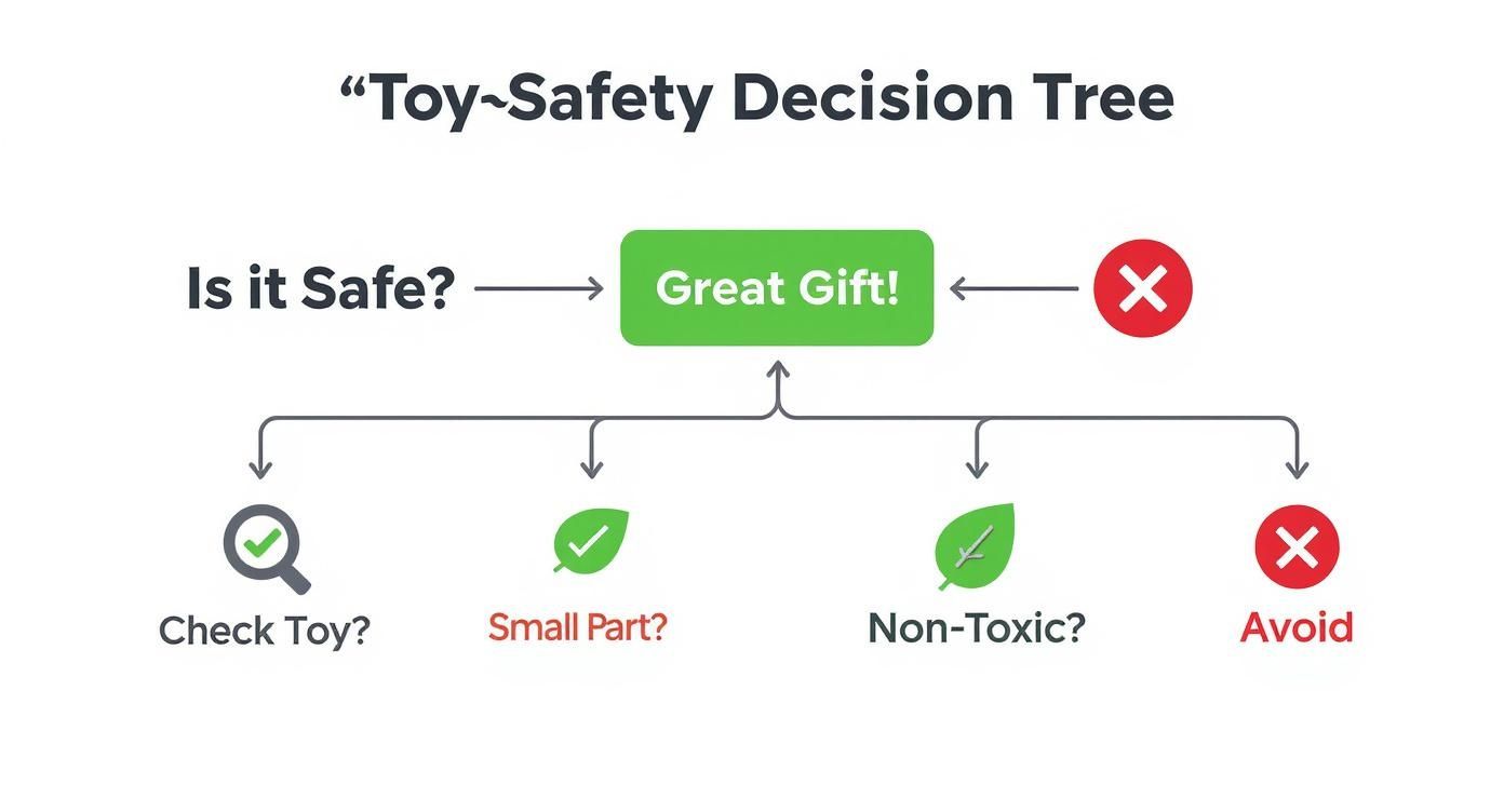 Decision tree flowchart for toy safety, evaluating factors like small parts and non-toxic materials for gift selection.