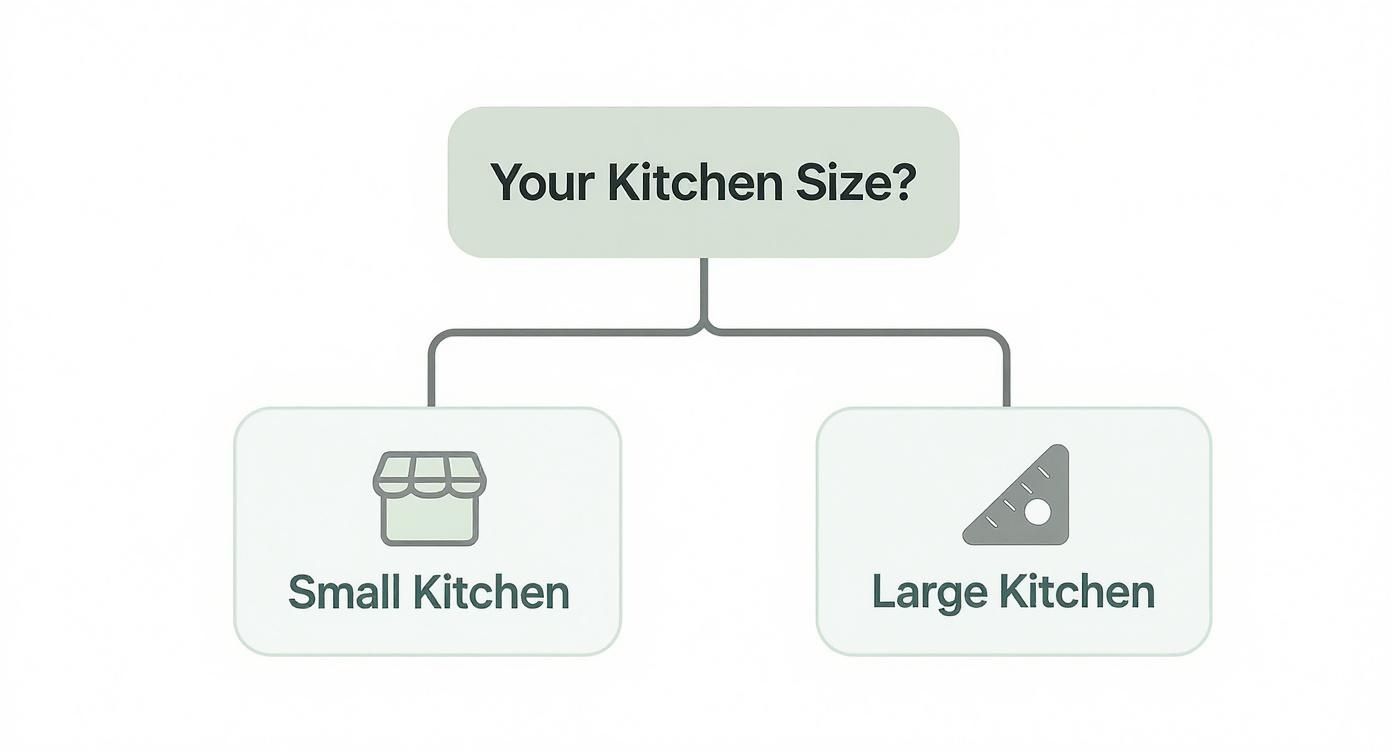 Flowchart diagram showing kitchen size options with small kitchen and large kitchen branches