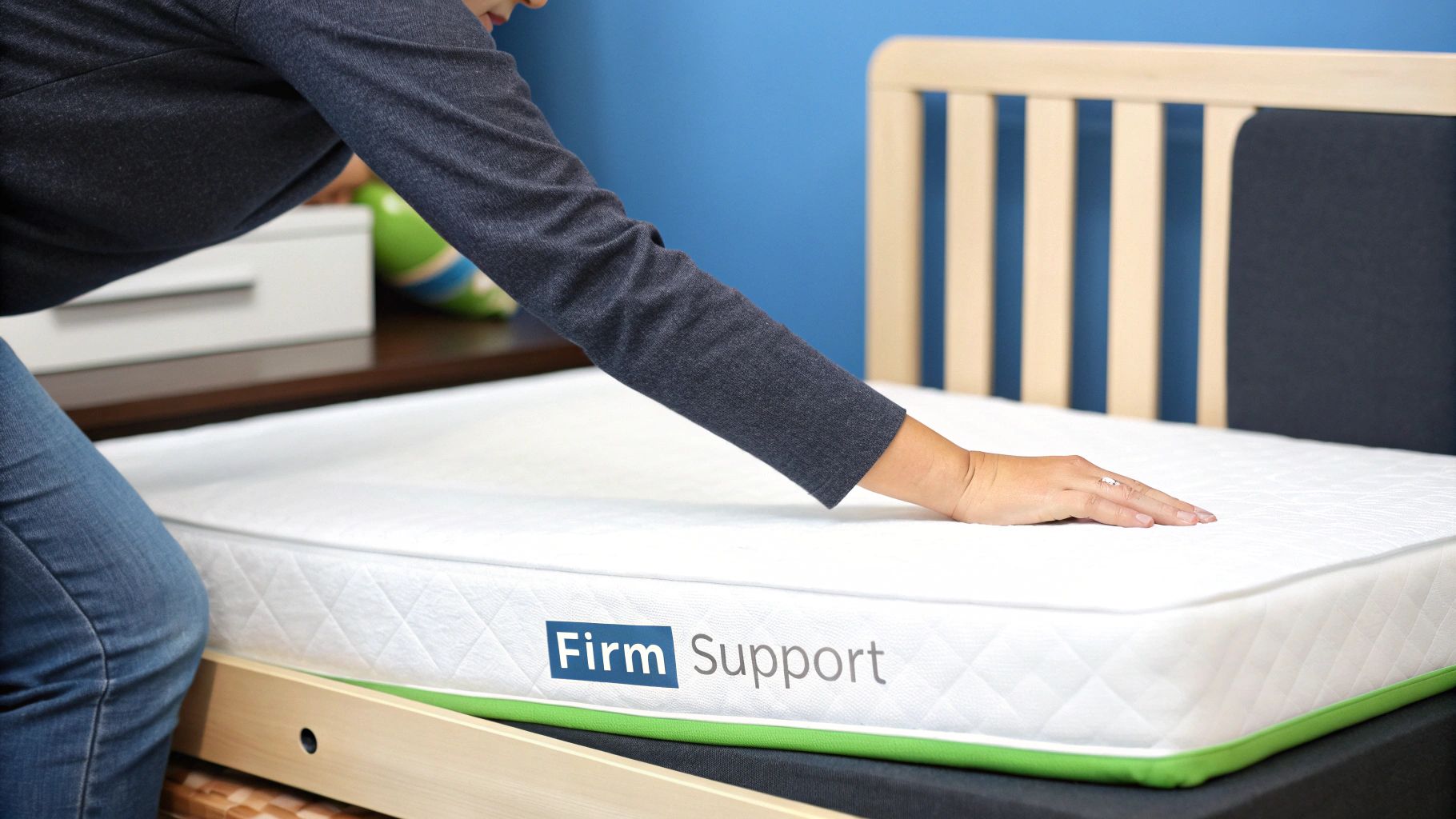 A firm, high-quality mattress being pressed down to demonstrate its supportive structure.