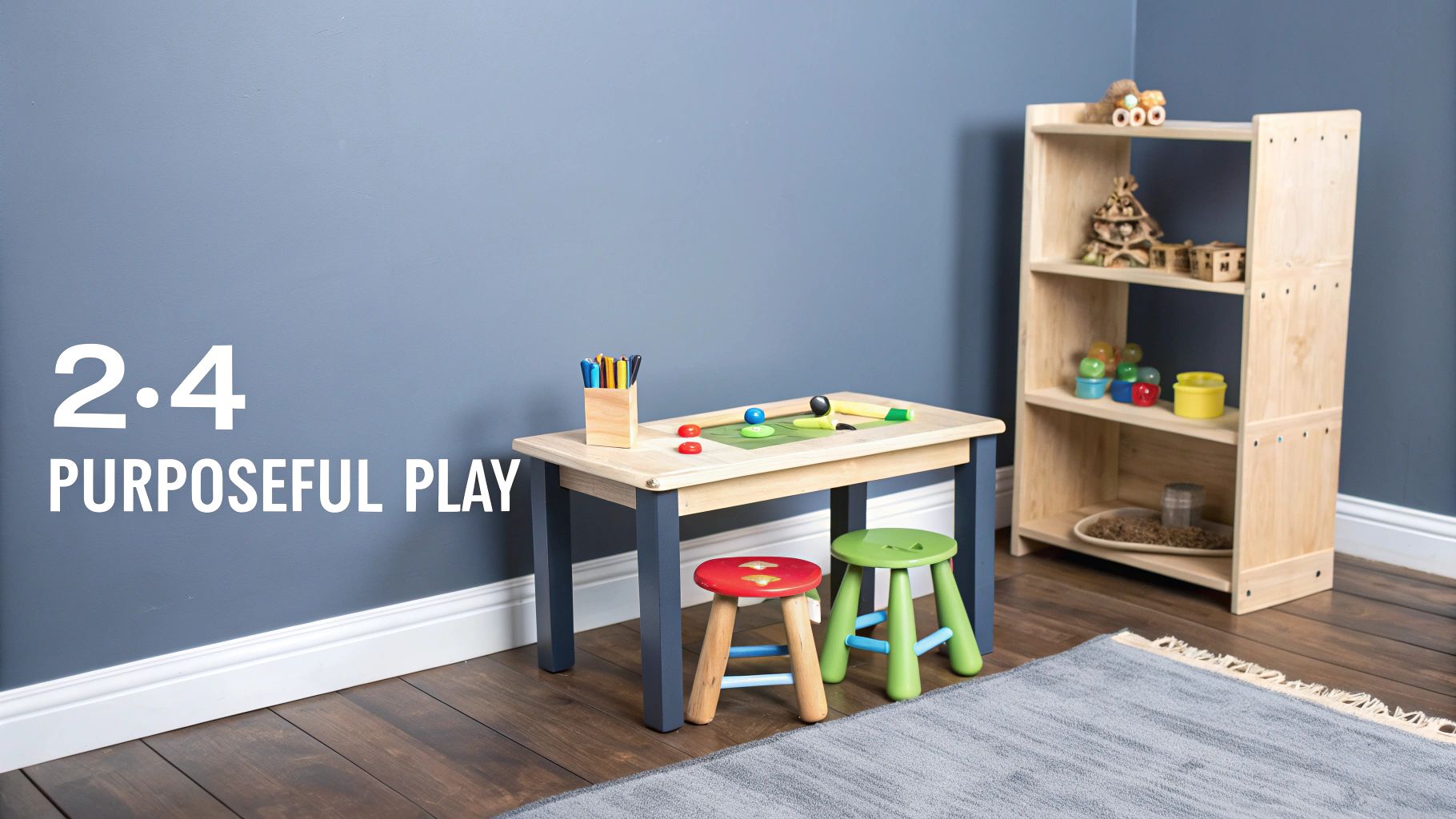 A child's playroom featuring a wooden table, colorful stools, a shelf with toys, and a grey rug.