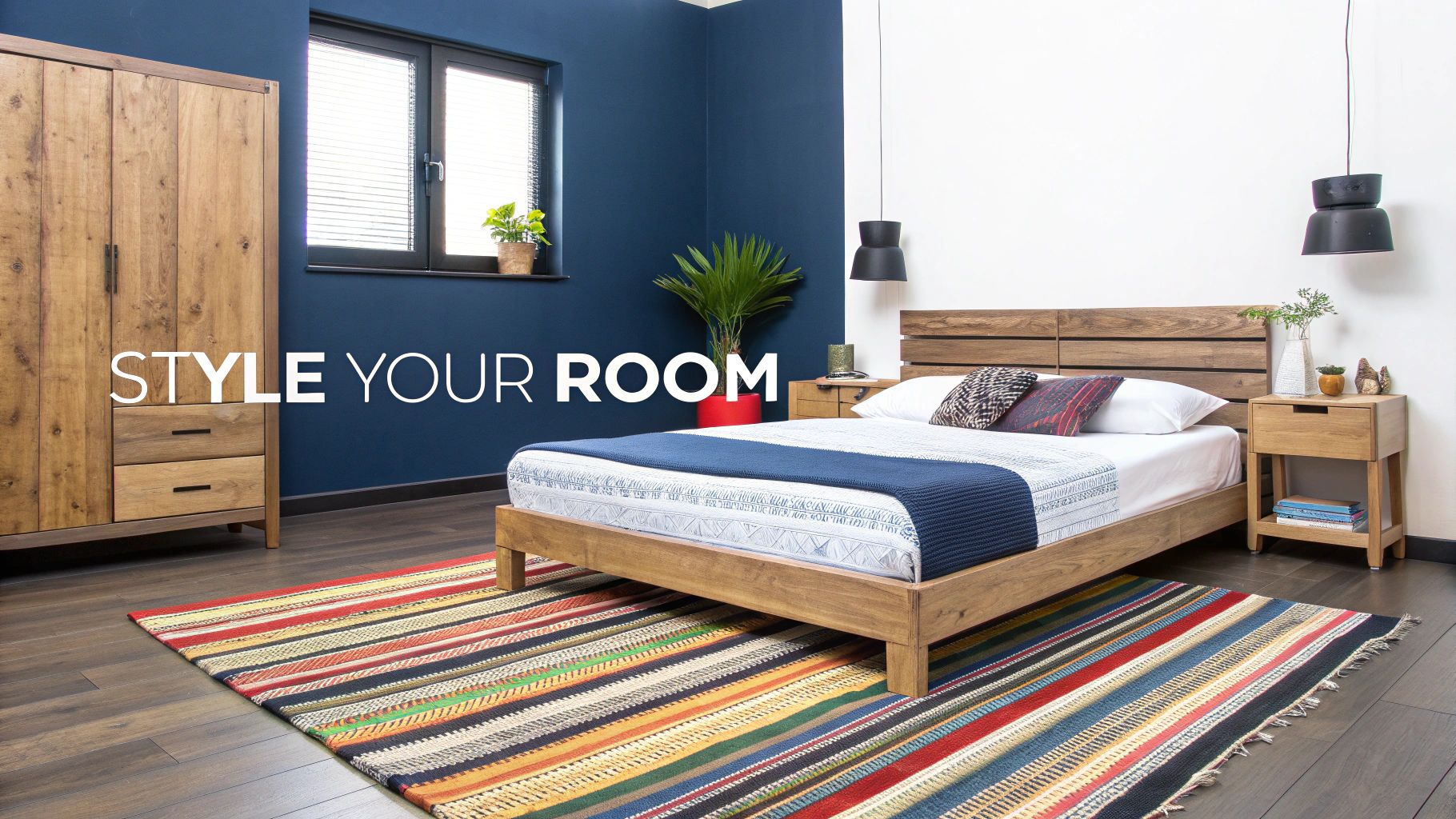 A beautifully styled room featuring a modern floor bed with a chic headboard.