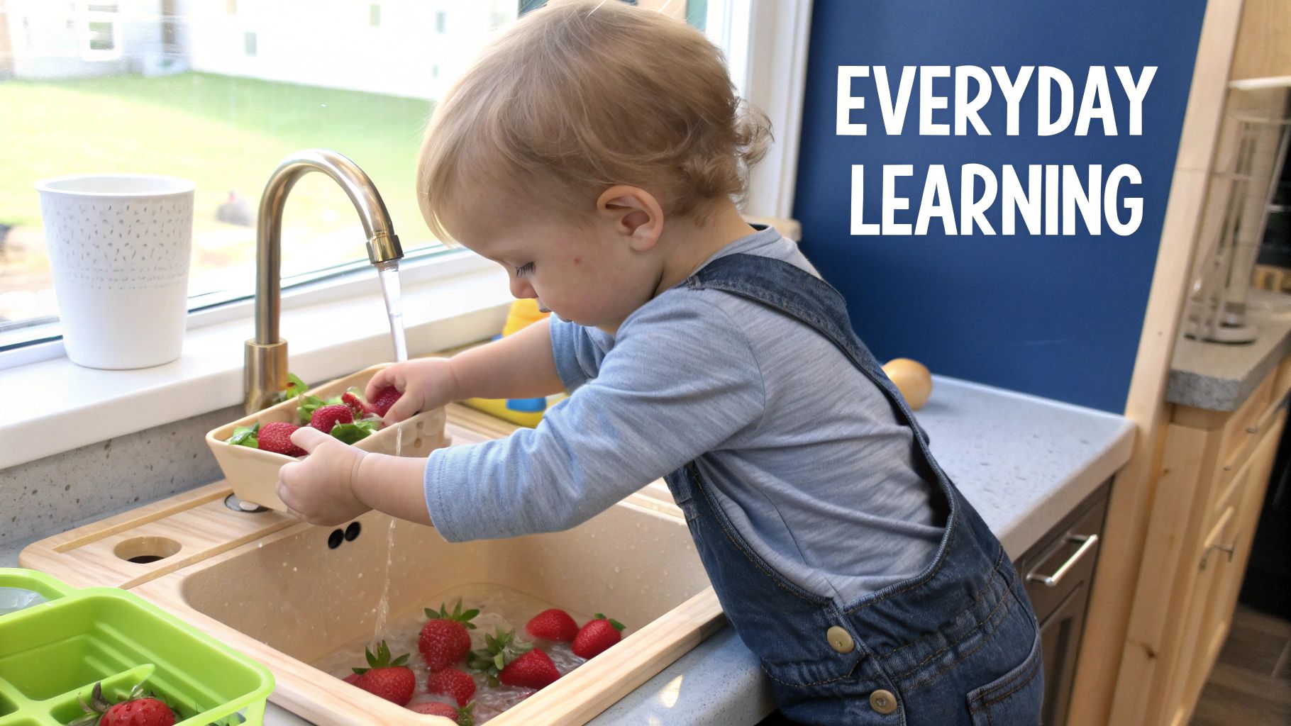 A toddler in overalls washes strawberries in a kitchen sink, engaging in everyday learning.