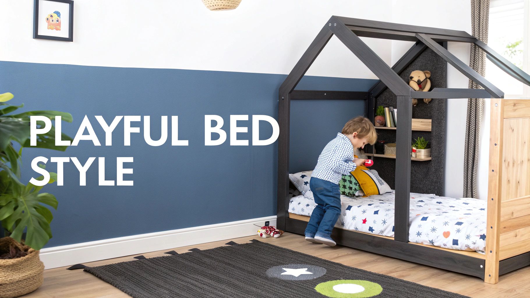 A toddler reading a book in a stylish, low-profile toddler platform bed