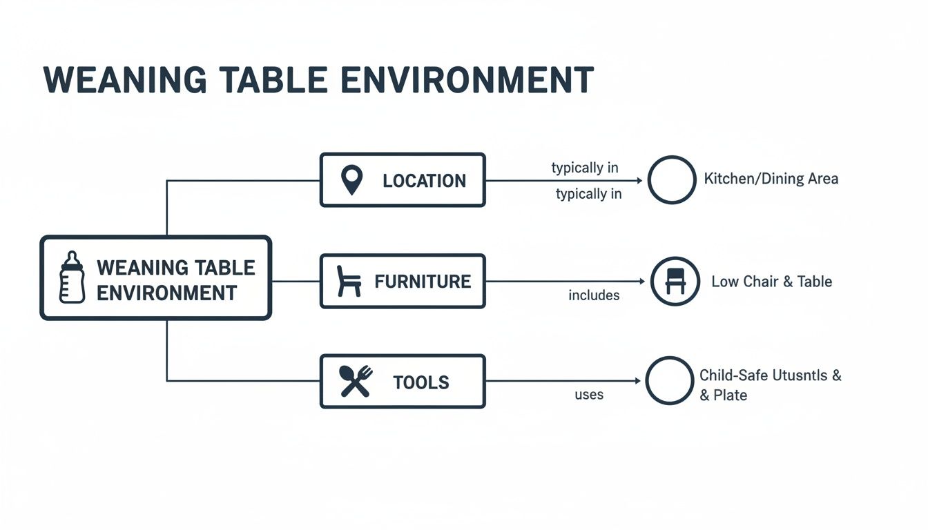 Diagram illustrating a weaning table environment, detailing its typical location, furniture, and tools used.