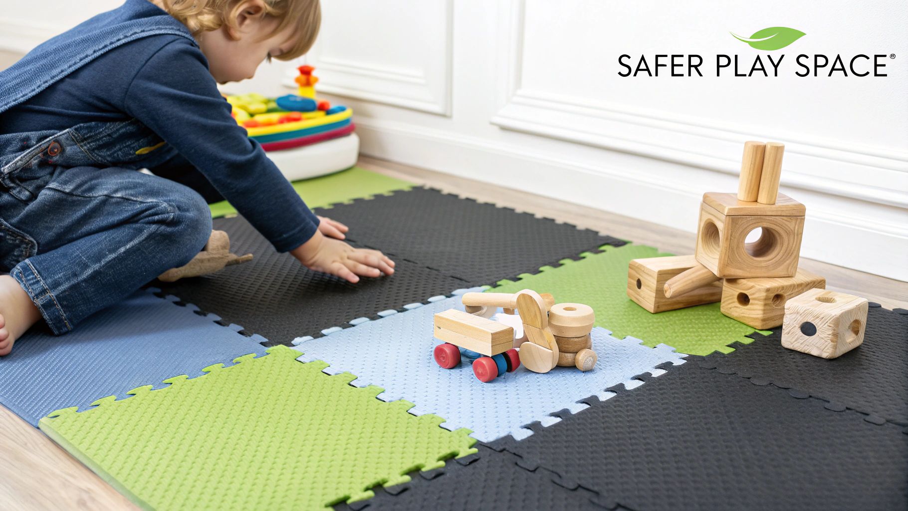 A young child plays on a colorful, interlocking foam play mat with natural wooden toys.