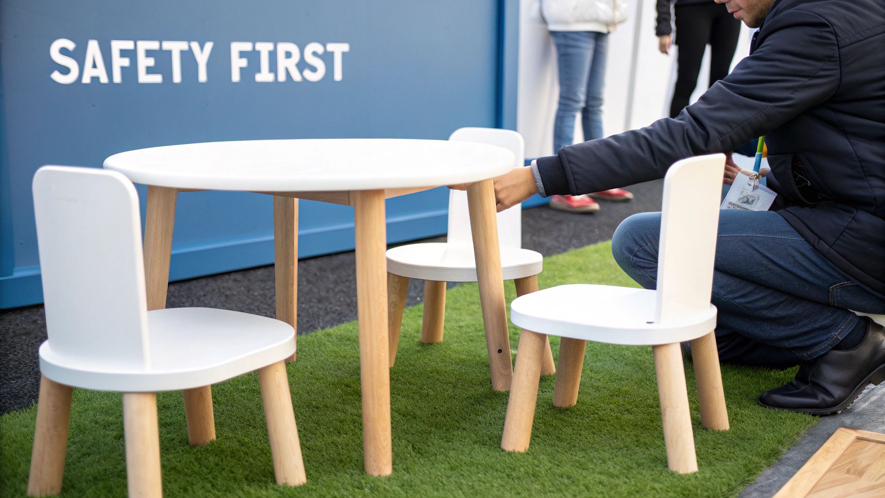 A close-up of a wooden child's chair showing its smooth, rounded corners and sturdy construction.