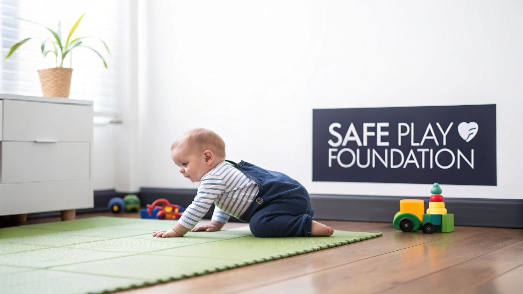 A baby in blue overalls crawls on a green foam play mat in a child-safe room.