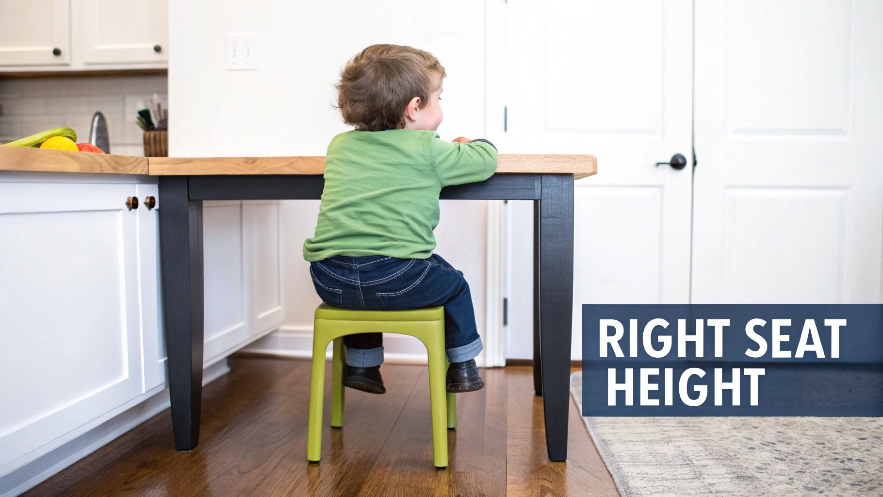 A young child sits on a lime green stool at a wooden table, illustrating proper seat height.