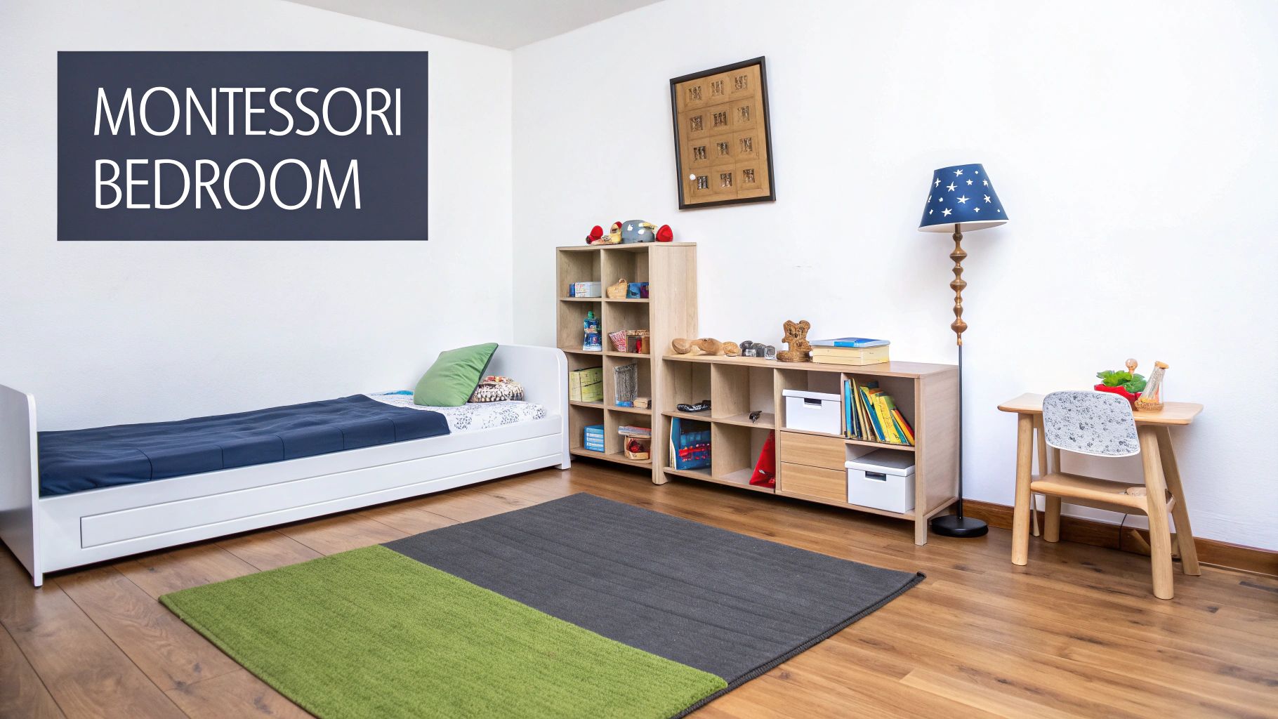 A bright and organized Montessori bedroom with a low floor bed, wooden shelves, and a child-sized table.