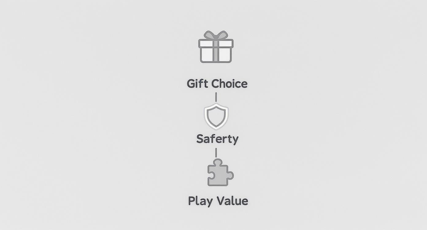 Infographic illustrating Gift Choice, Safety, and Play Value with a gift, shield, and puzzle icons.