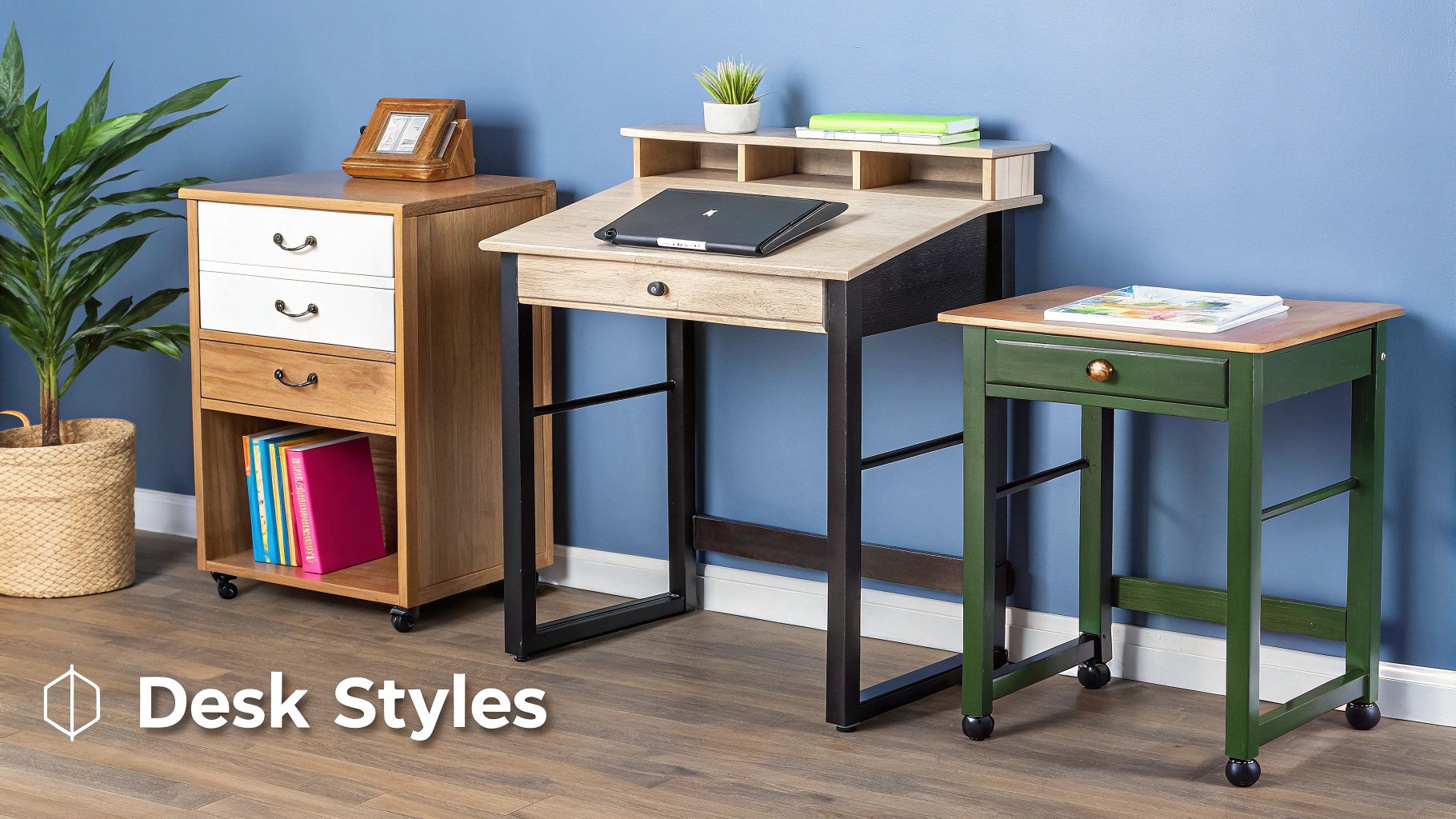 A modern childrens homework desk with a hutch in a brightly lit room.