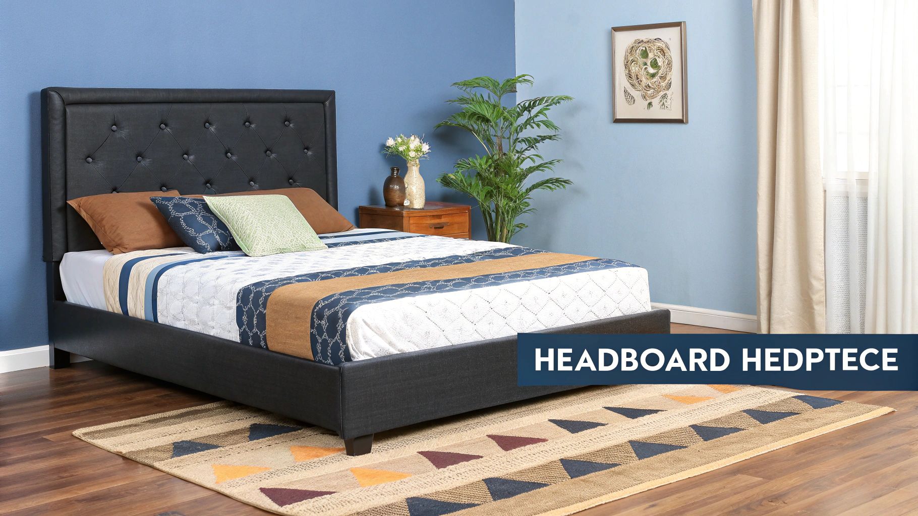 A black upholstered tufted headboard on a bed with patterned bedding and a rug on a wooden floor.