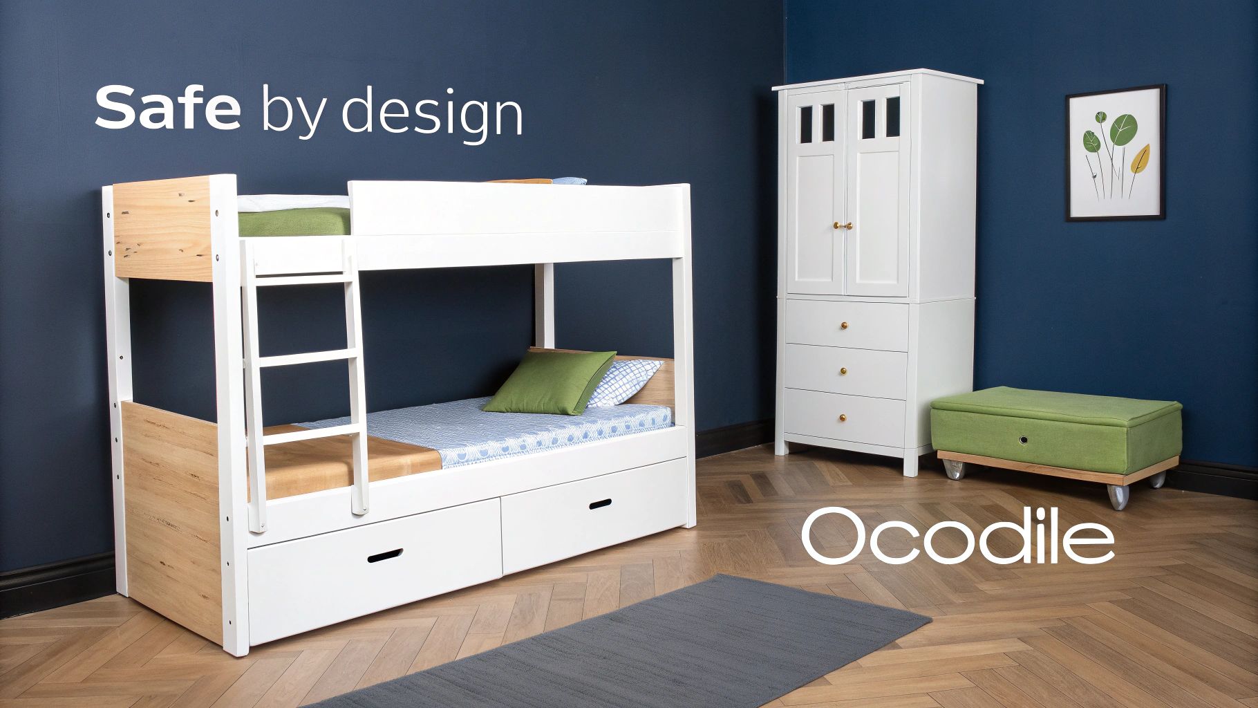 A child's room featuring a white and wood bunk bed with storage, a white wardrobe, and green bench.