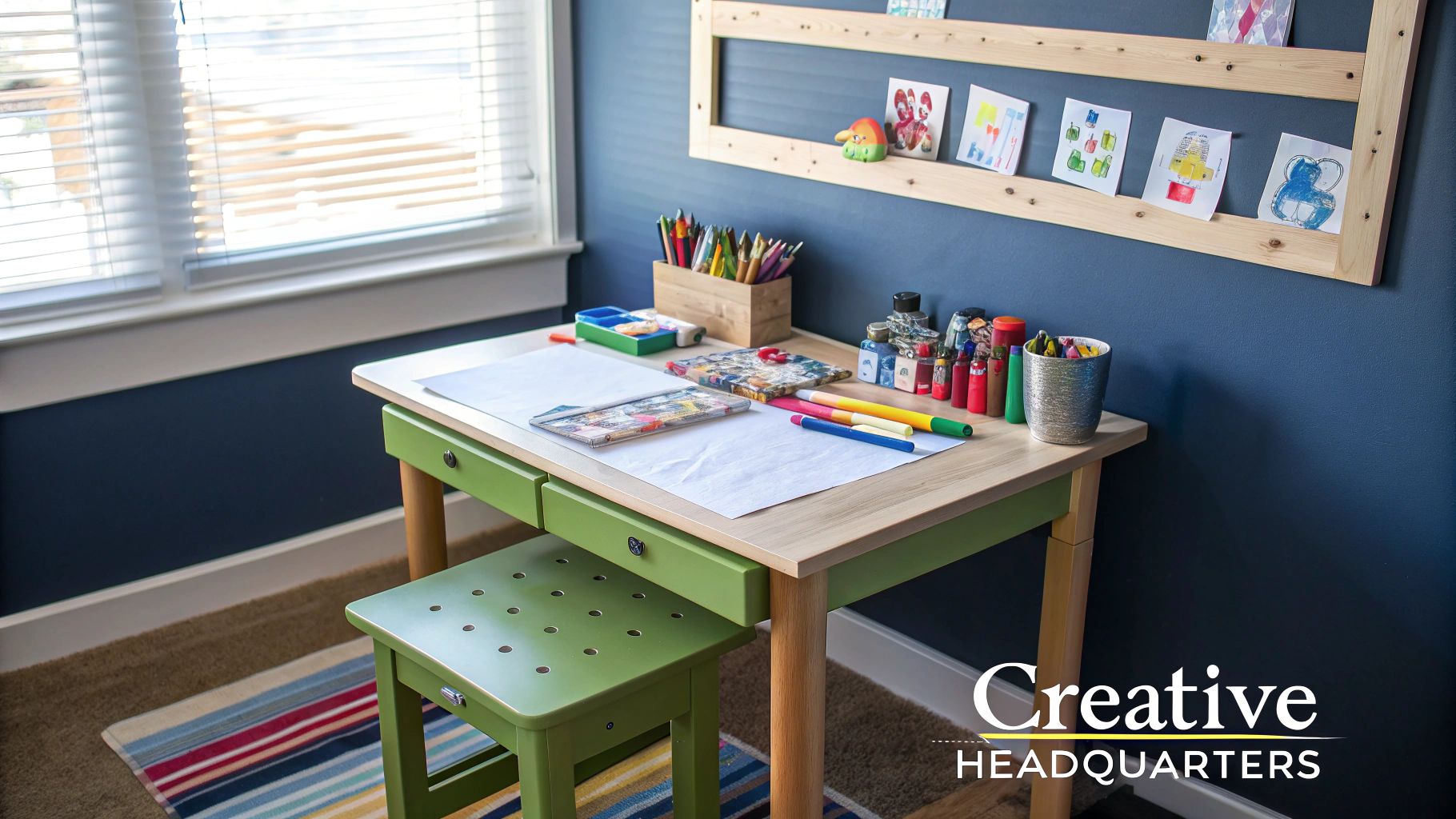 A young toddler sitting at a small wooden art desk, focused on drawing with crayons.