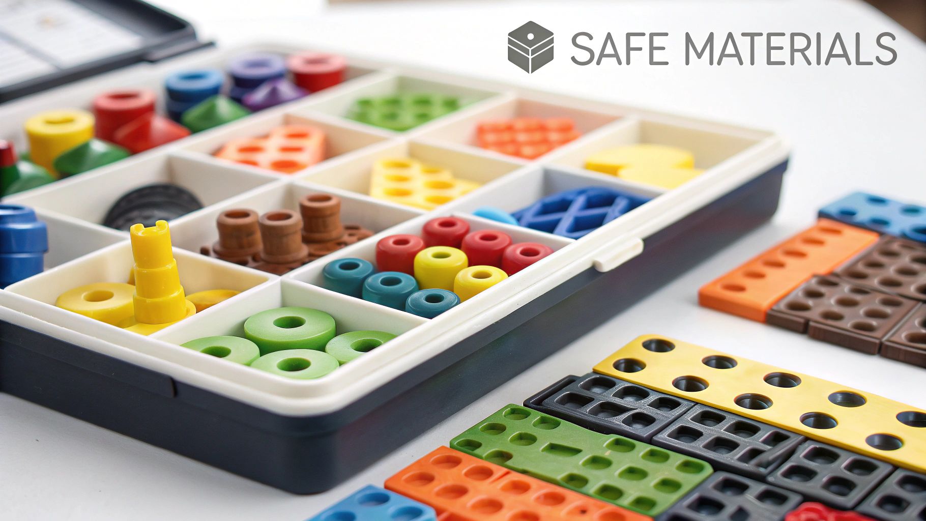 A one-year-old boy sitting on the floor, happily playing with colorful building blocks and a wooden push toy.