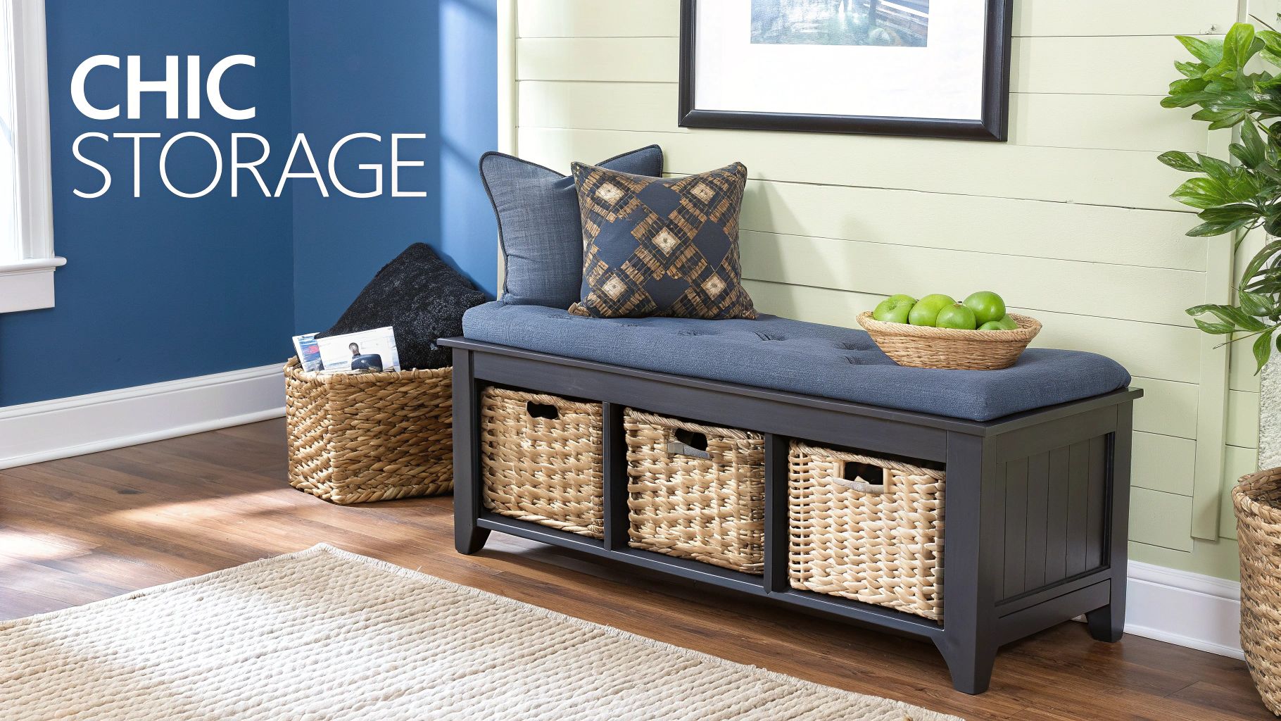 A stylish wooden storage bench in a living room, blending seamlessly with the decor.