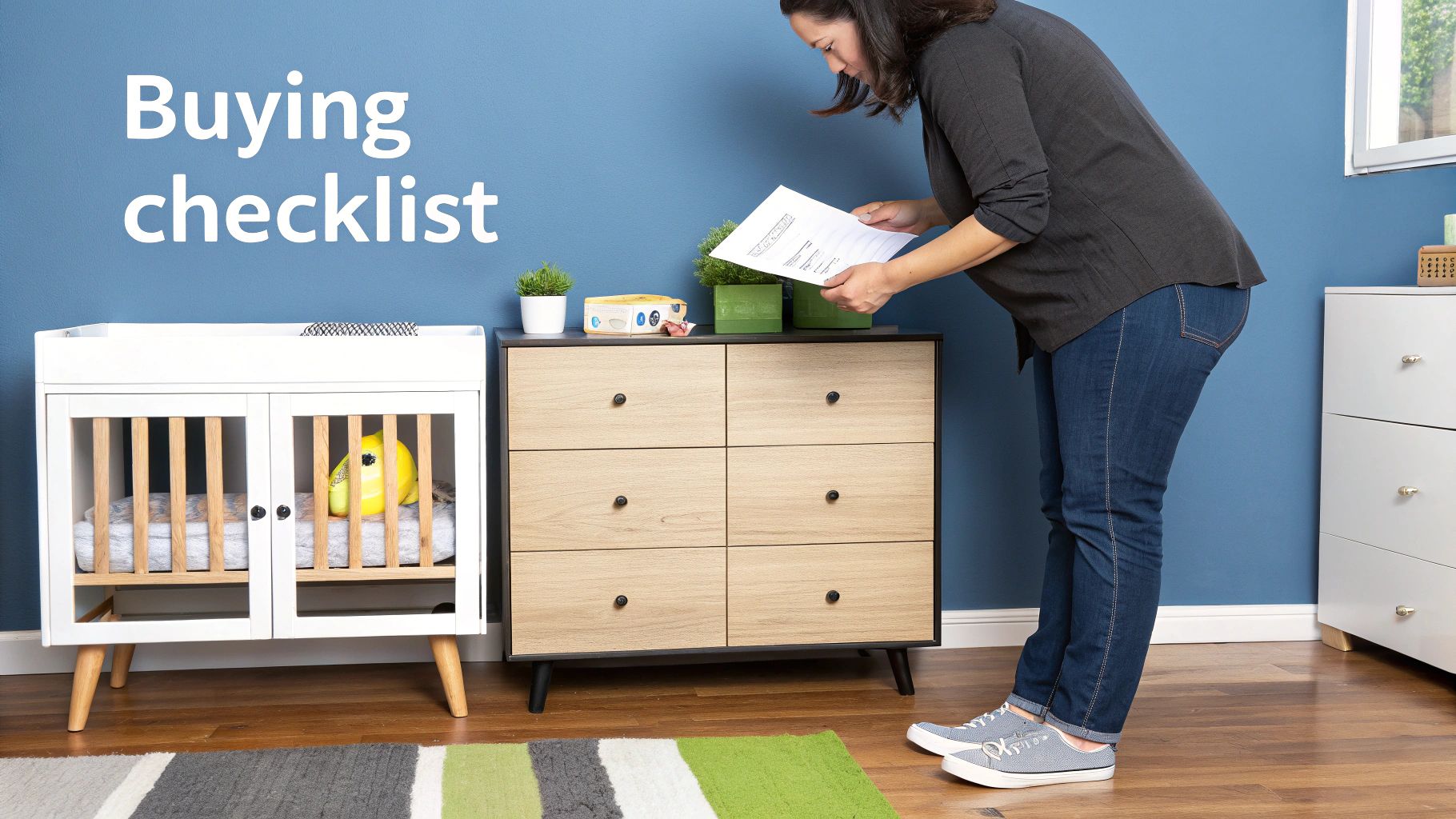 A woman reviews a buying checklist next to modern wooden children's nursery furniture in a blue room.
