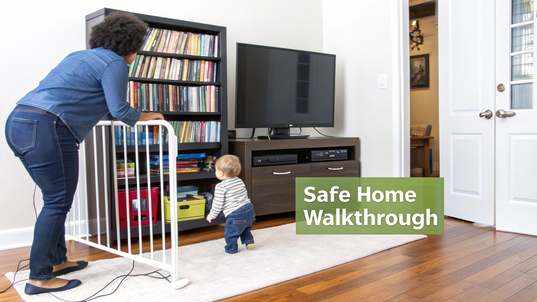 A toddler curiously looking at a window blind cord, highlighting a hidden danger.