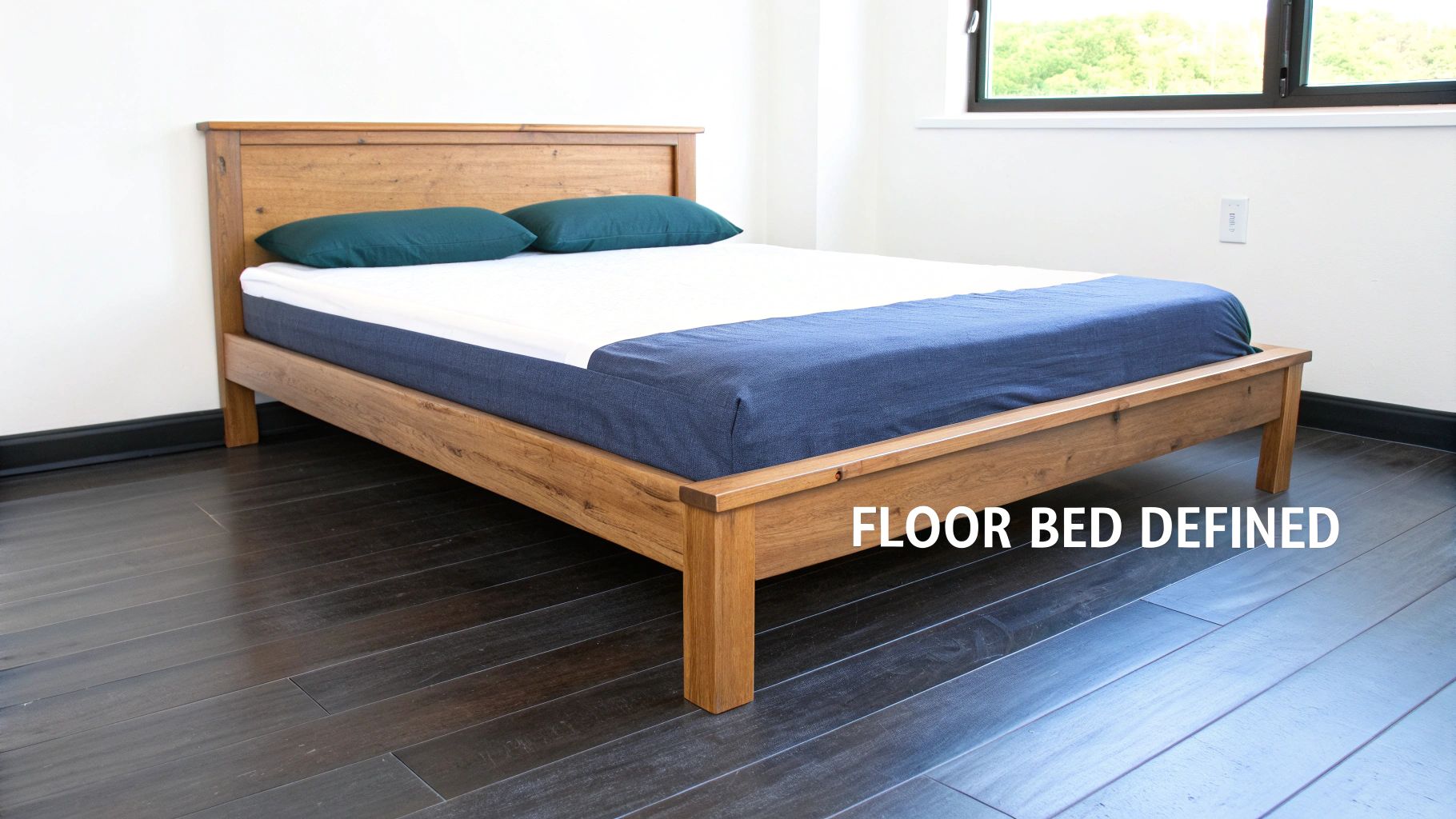 A child's floor bed with a stylish headboard in a well-lit, modern bedroom.