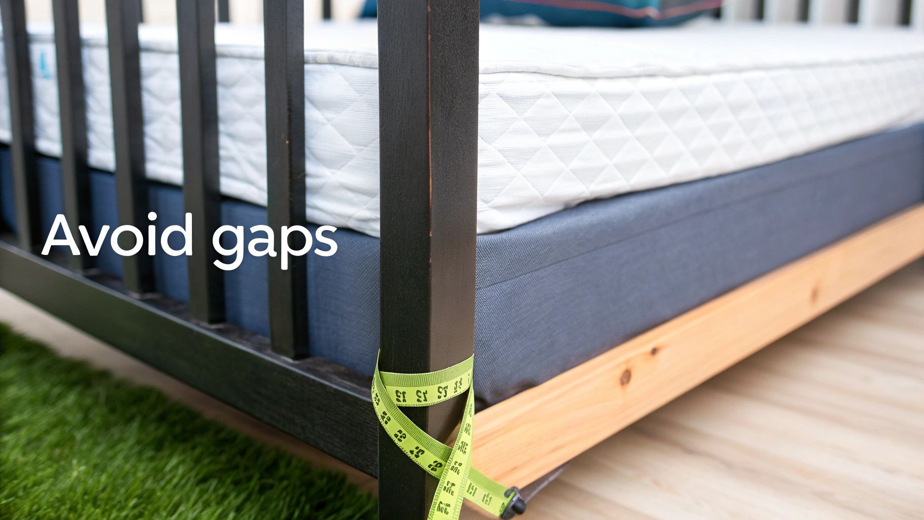 Close-up of a toddler bed showing a white mattress, blue base, and a measuring tape on a bed post, emphasizing avoiding gaps for safety.