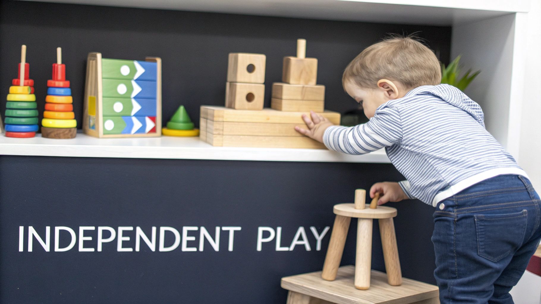 A toddler explores natural wooden toys on a shelf above text 'INDEPENDENT PLAY'.