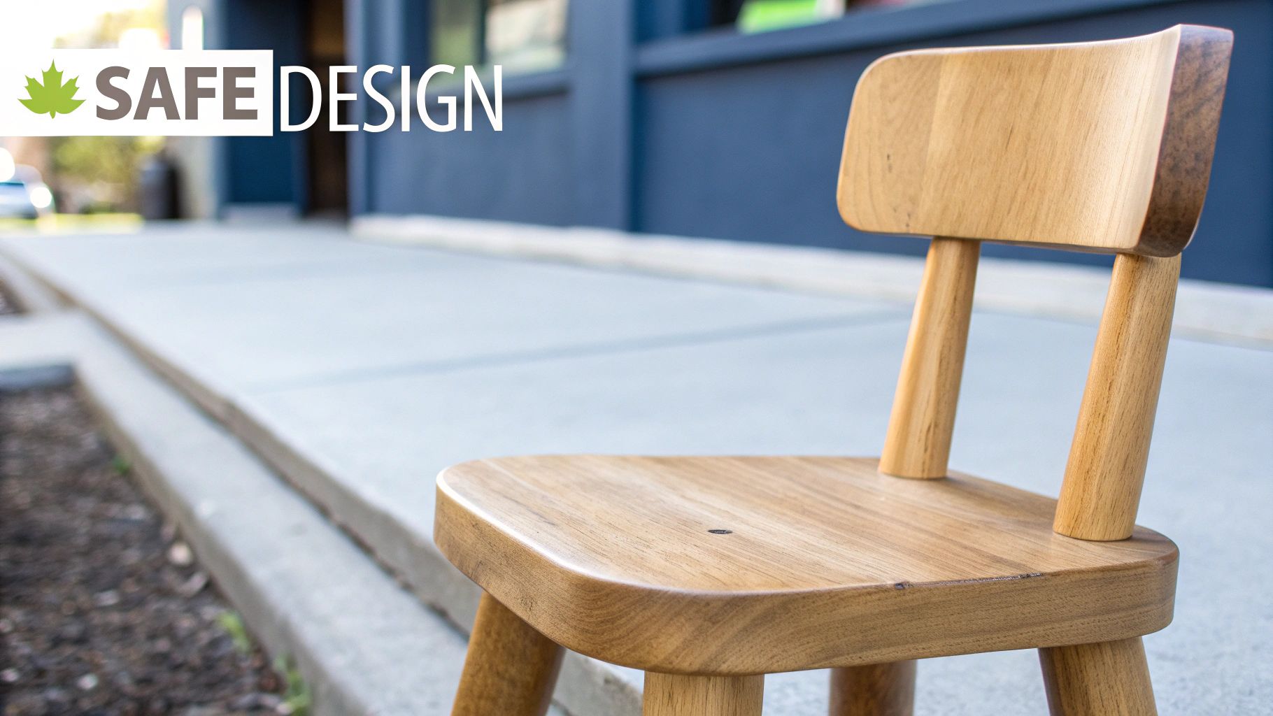 A close-up shot of the smooth, rounded corner of a wooden stackable chair.