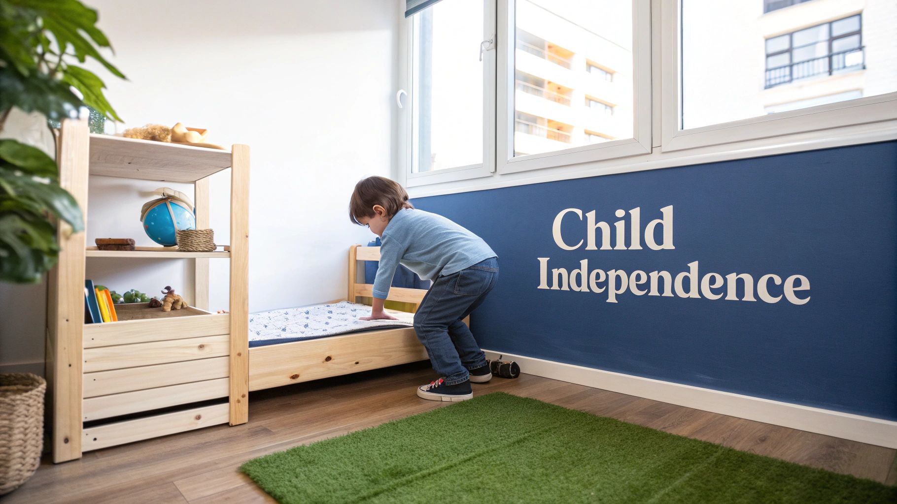 A young child next to a low wooden bed in a bright room, promoting child independence.