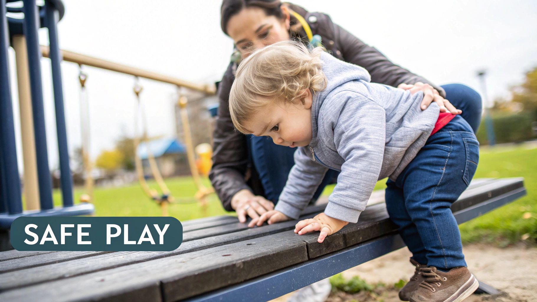 A toddler sits comfortably at a small, perfectly sized outdoor wooden table, with their feet flat on the ground.