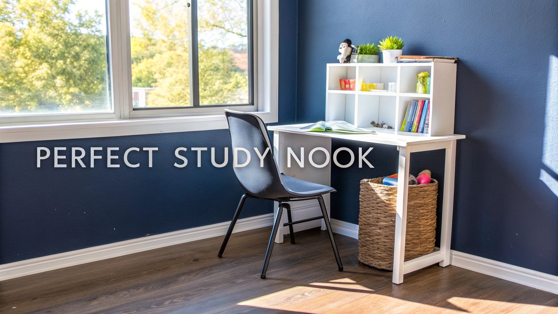 Modern study nook with white desk, blue chair, storage shelves, and natural window light