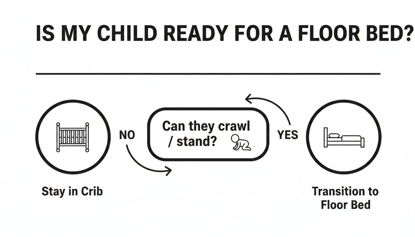 Flowchart guiding parents on when to transition a child from a crib to a floor bed based on crawling or standing ability.