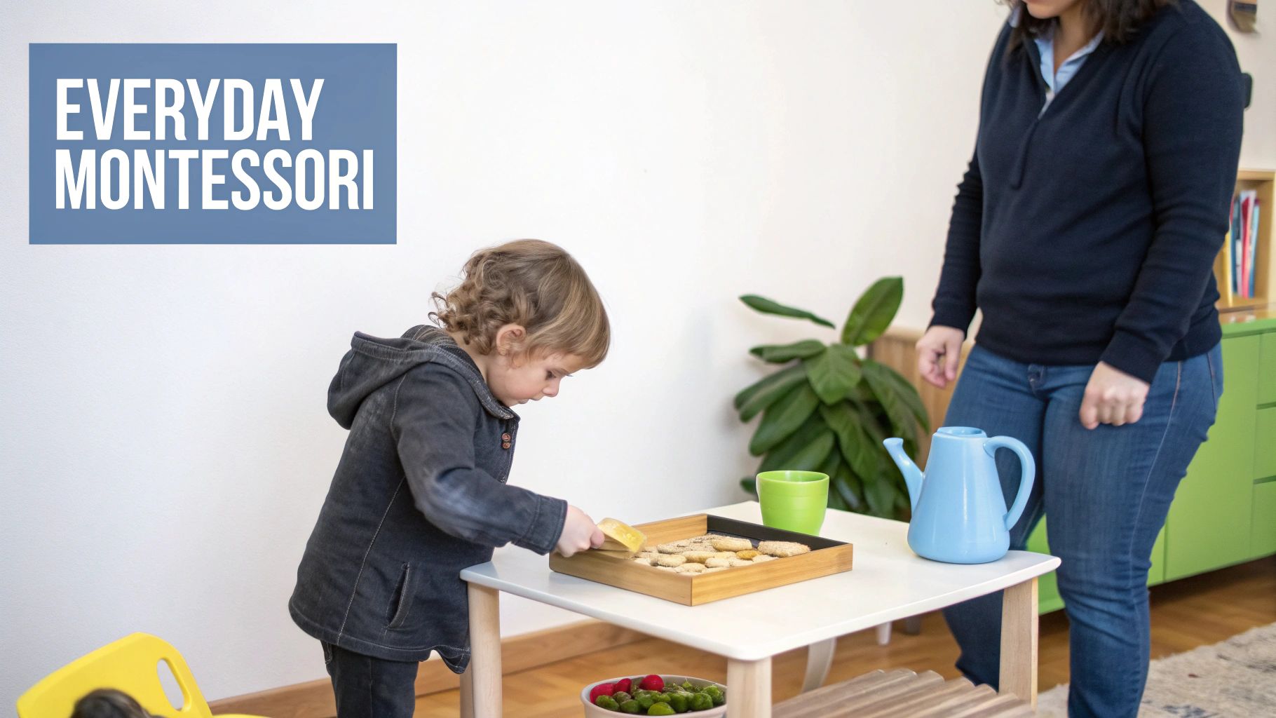 A child waters a small plant with a watering can, demonstrating a practical life skill.
