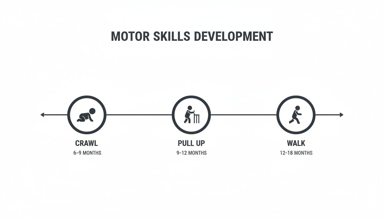Infant motor skills development timeline: crawling, pulling up to stand, and walking stages with age.