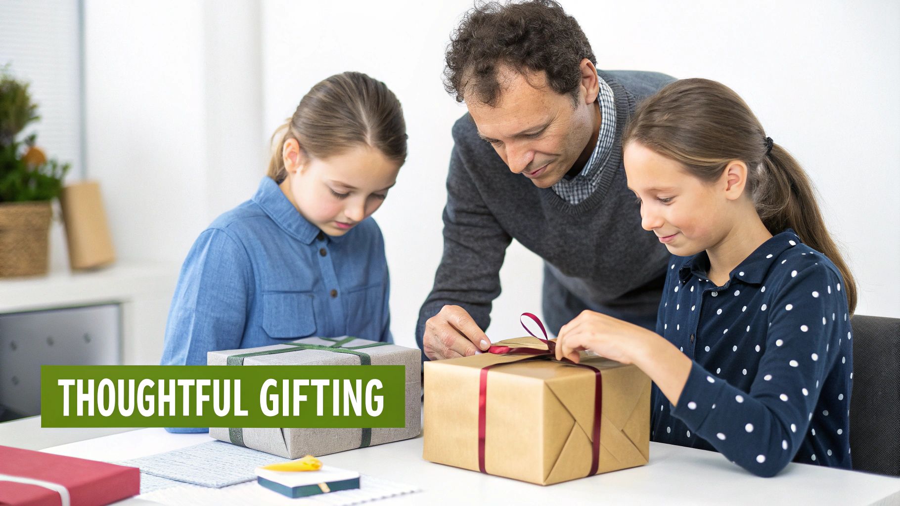 A man and two girls carefully wrap gifts with ribbons on a white table, showing thoughtful gifting.