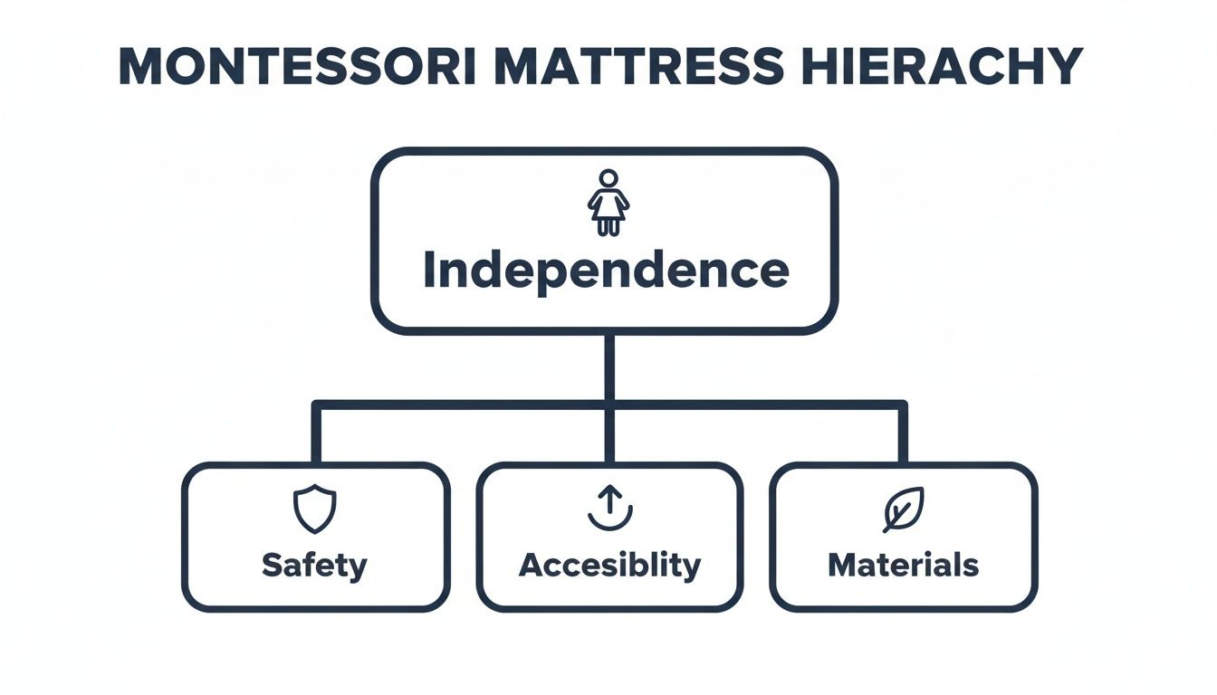 A Montessori mattress hierarchy diagram showing independence as the main goal, supported by safety, accessibility, and materials.