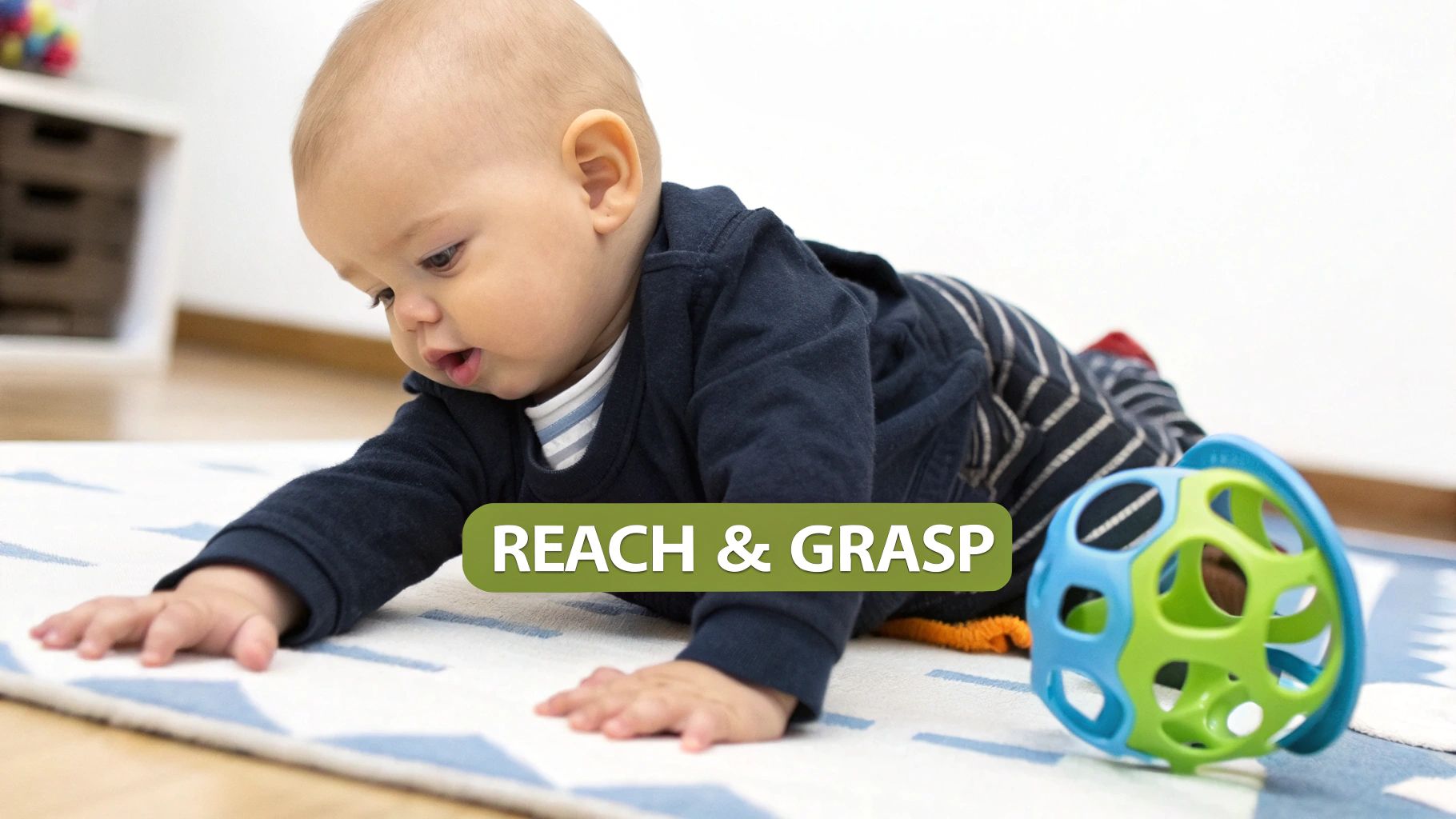 A cute baby lies on a patterned mat, looking intently at a colorful toy, practicing reaching and grasping during tummy time.