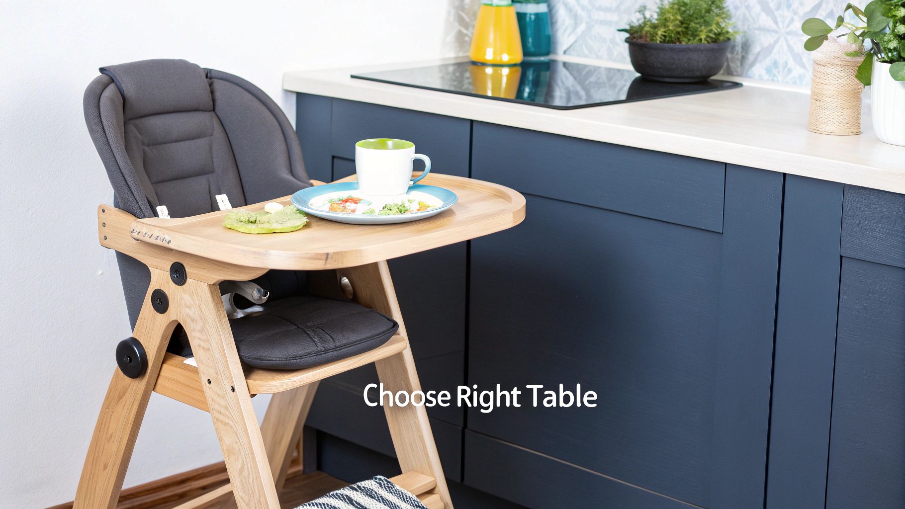 A modern wooden baby high chair with a grey seat and tray in a kitchen.