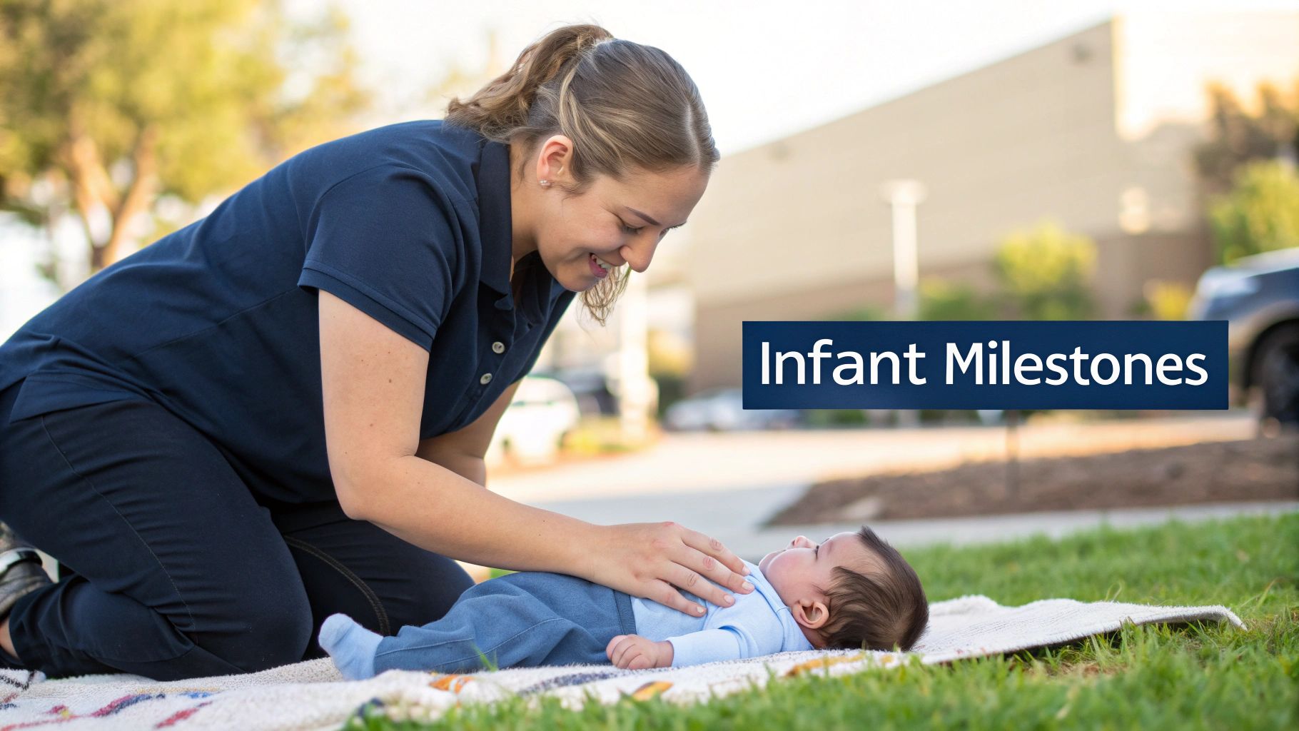 A smiling woman kneels on grass, gently interacting with a baby lying on a blanket outdoors.