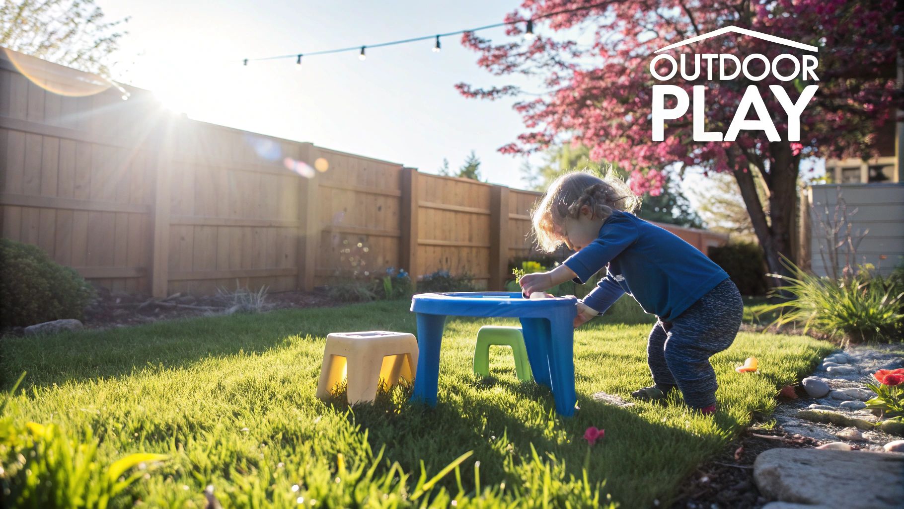 Two toddlers sitting at a small wooden outdoor table, engaged in a playful activity.
