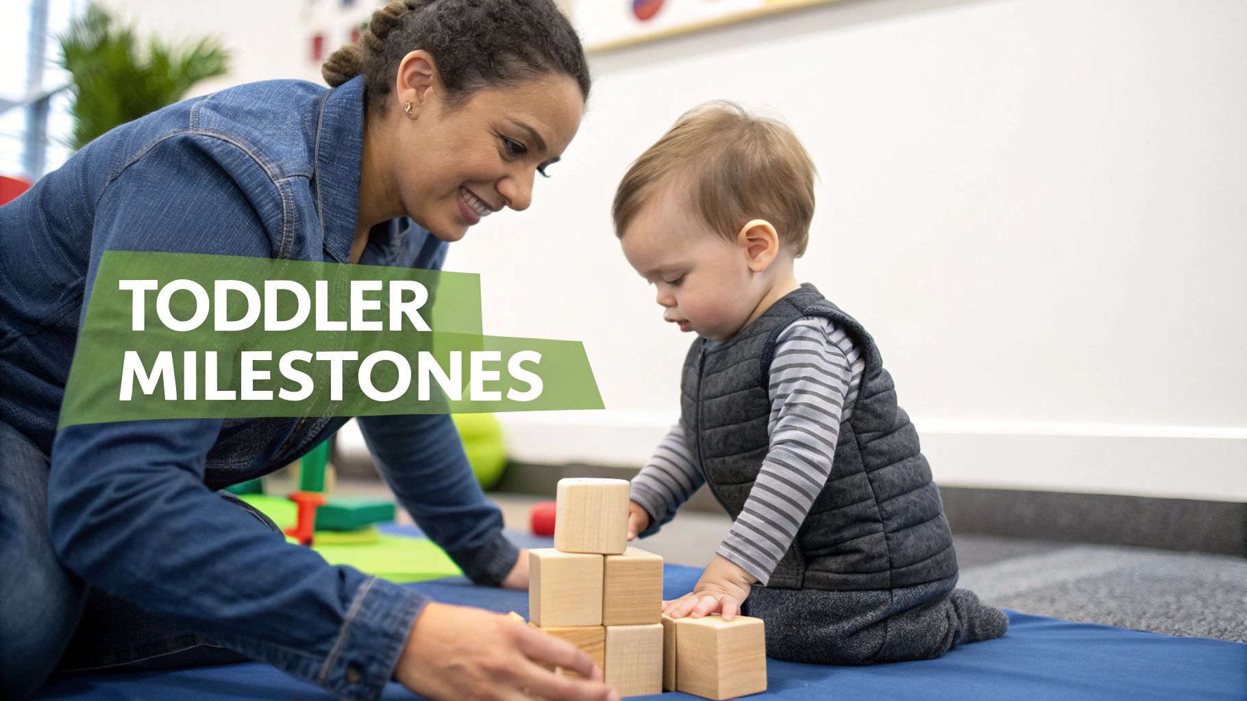 A smiling toddler playing with colorful stacking rings, demonstrating fine motor skills.