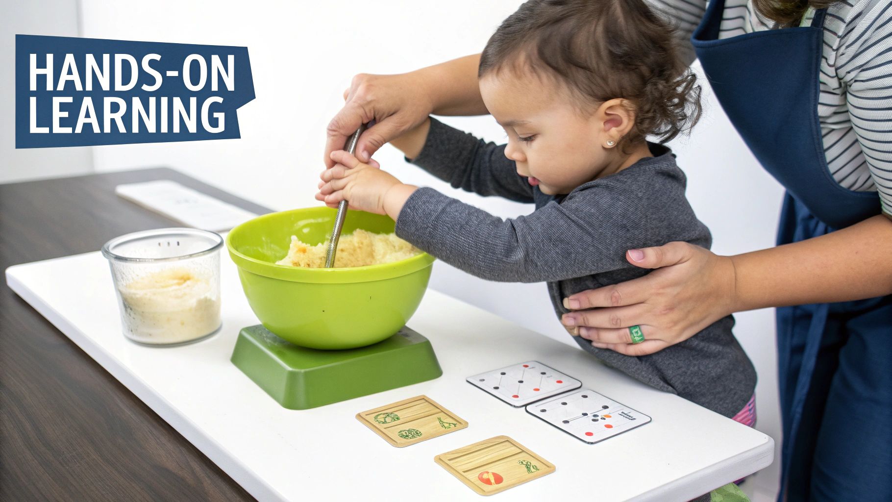 Adult guiding a child mashing food in a green bowl, promoting hands-on learning skills.