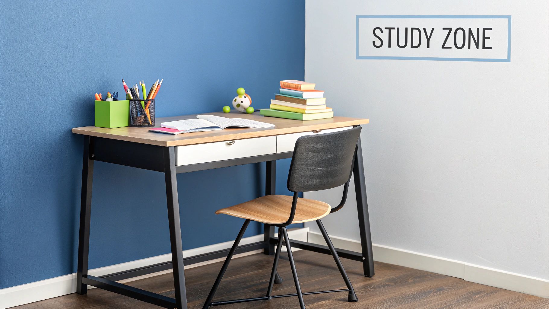 A child sitting at a clean, organized homework desk, looking focused on their work