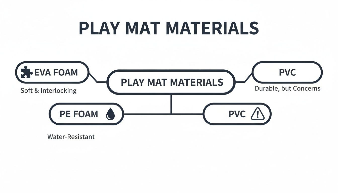 Diagram showing play mat materials: EVA foam (soft, interlocking), PE foam (water-resistant), and PVC (durable, with concerns).