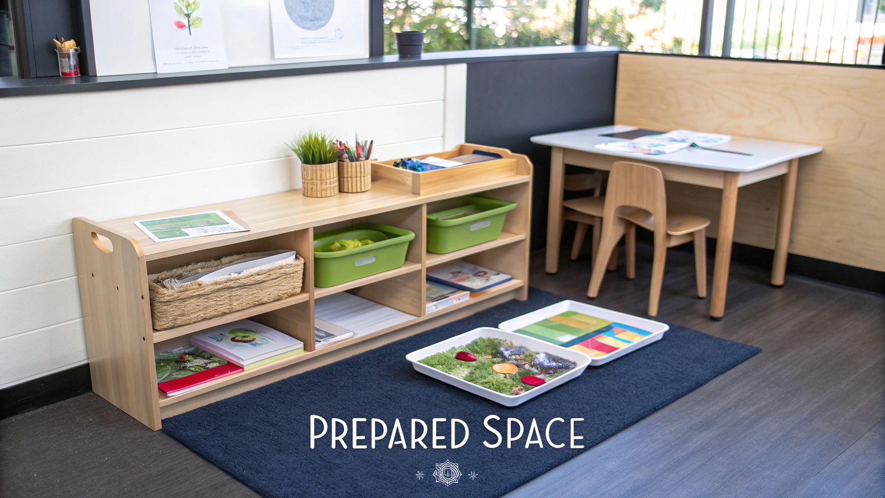 A toddler sits at a small wooden table, focused on a Montessori material activity on a tray.