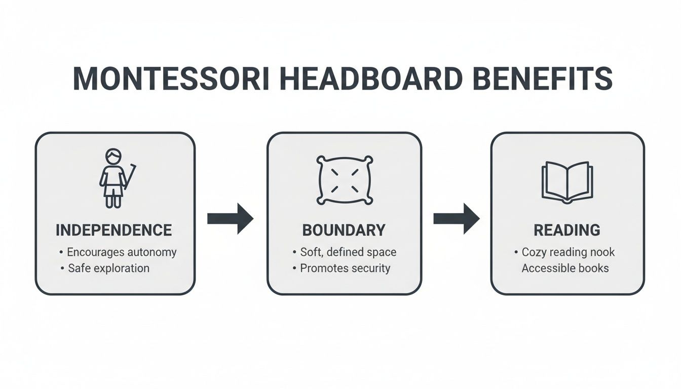 Infographic detailing Montessori headboard benefits: independence, boundary, and reading features.