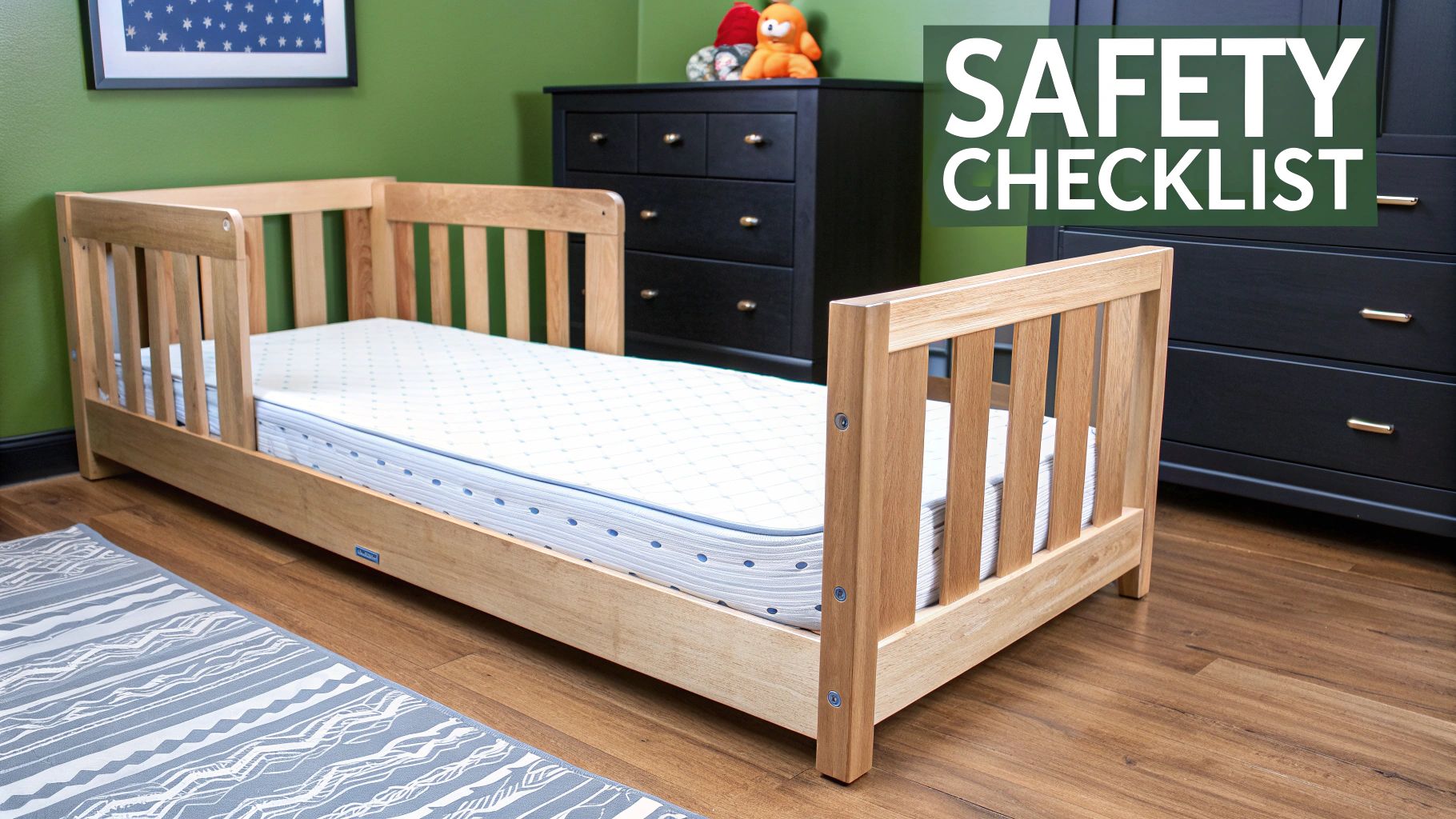 A light wooden floor bed with a white mattress in a child's room, next to a black dresser.