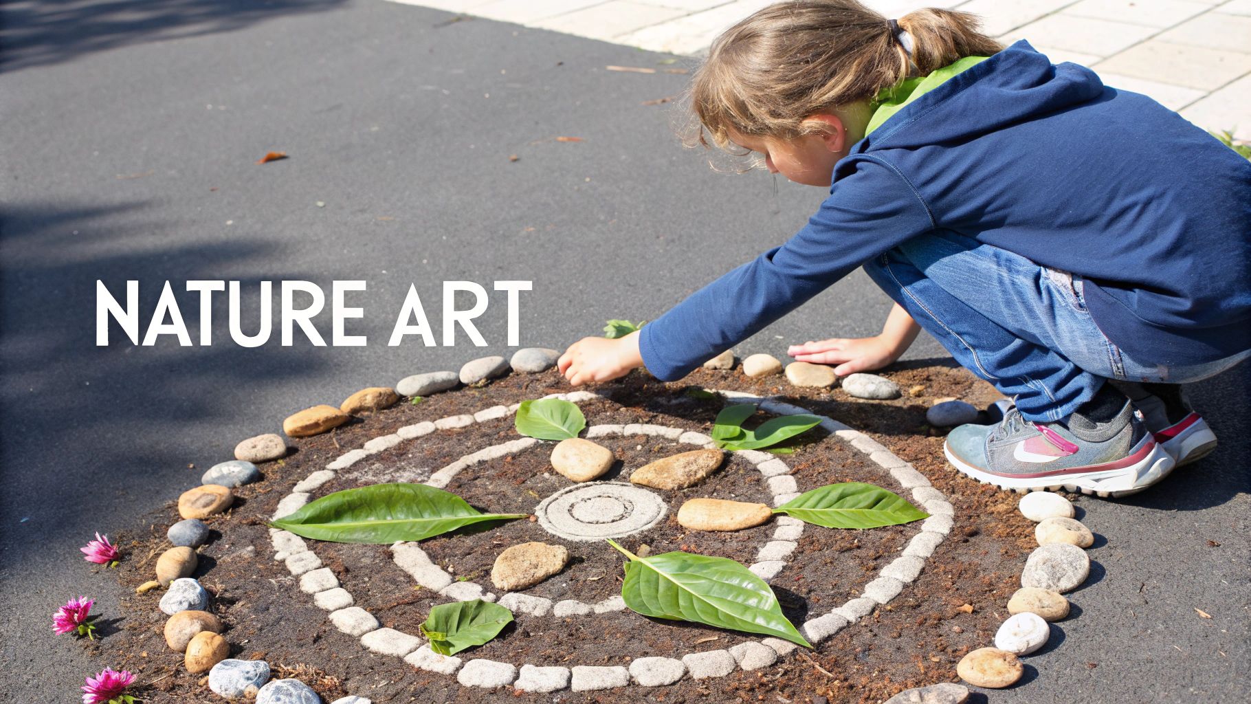 A child squats, arranging leaves and stones to create a beautiful nature art mandala on the ground.
