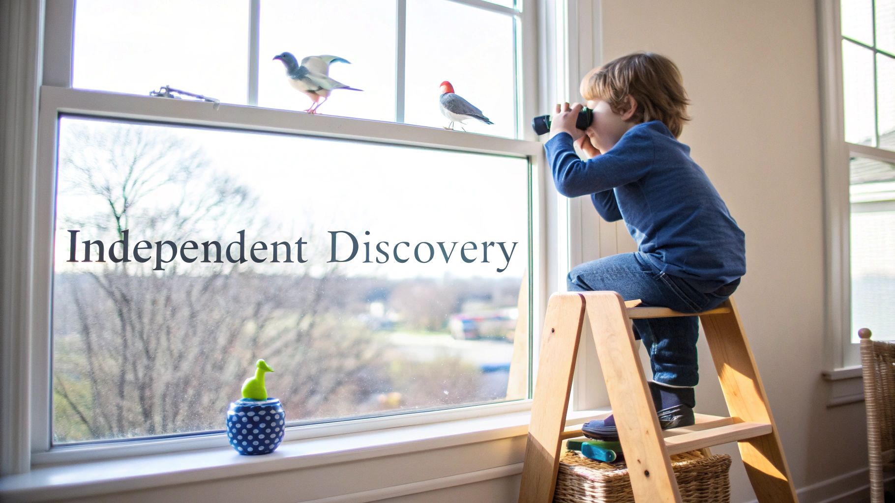 A child uses a learning tower by a window, pointing excitedly at something outside.